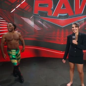 Cathy Kelley interviews The New Day and Jey Uso on WWE Raw in bare feet.
